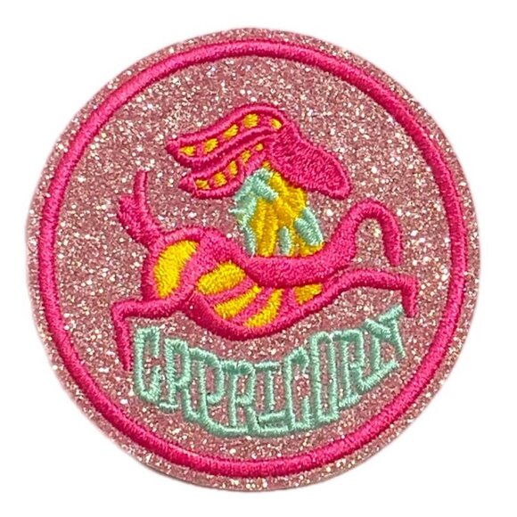 Accessories - Glitter Embroidered Round Capricorn Zodiac Iron On Patch Pink Teal Blue Yellow